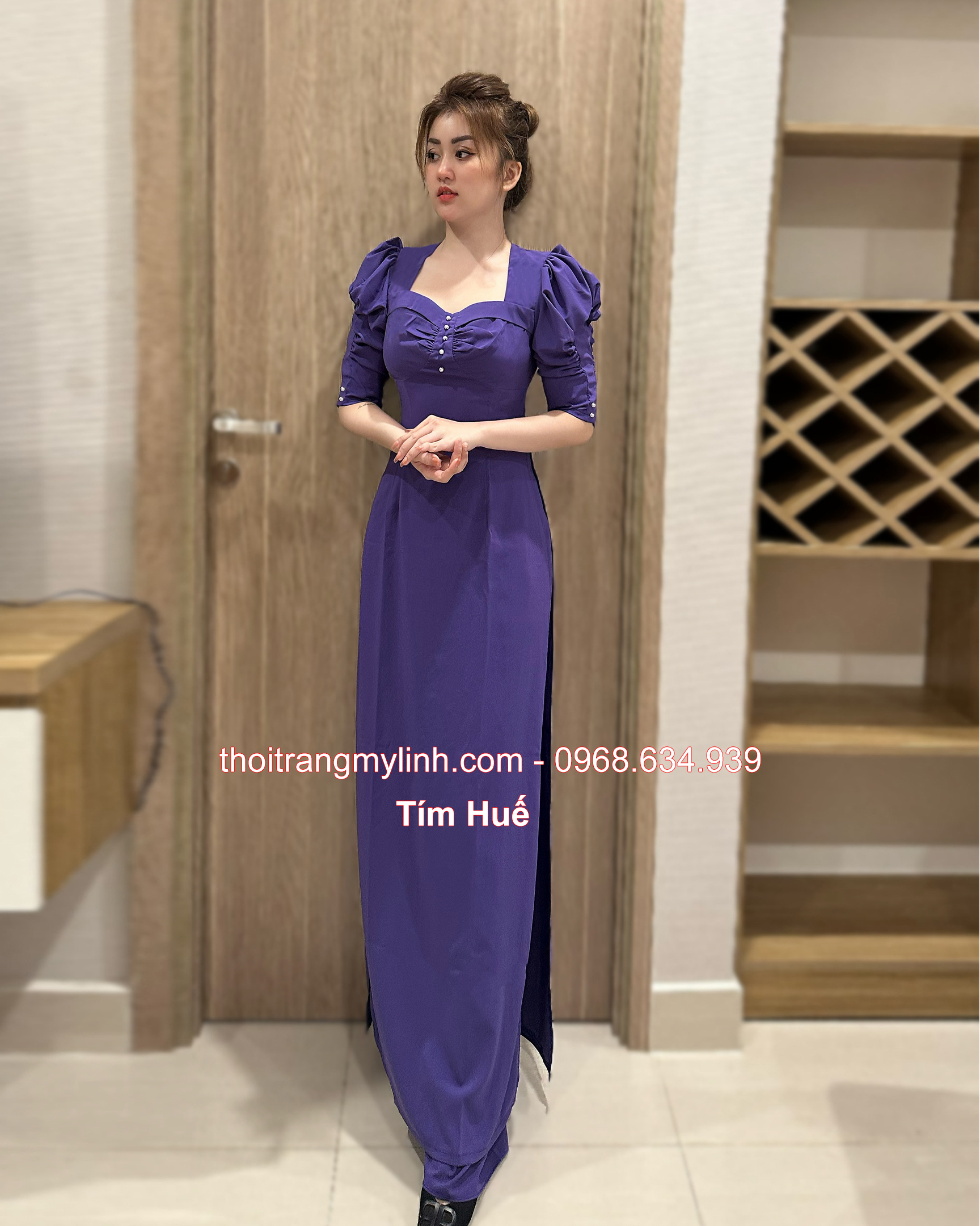 ÁO DÀI ĐÍNH NGỌC TRAI TAY PHỒNG, LỠ MÀU TÍM HUẾ